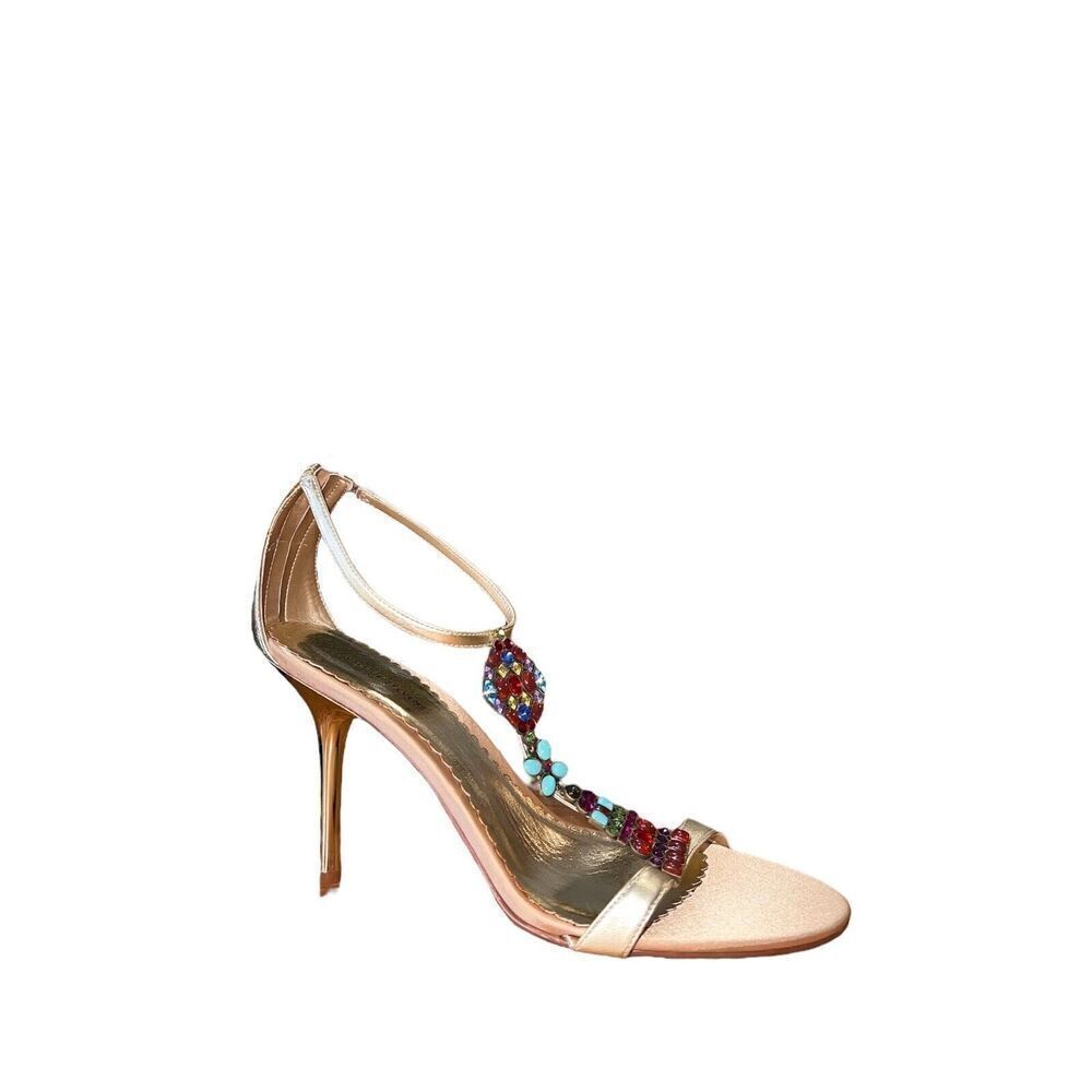 Valerie Stevens-Mosaic-Beaded Strappy Sandal Heels - Gold Leather - Womens Sz 10